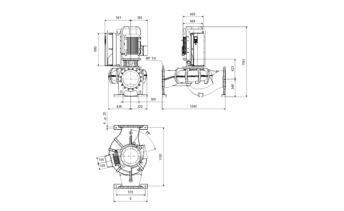 Габаритный чертёж центробежного насоса «ин-лайн» Grundfos TPE 300-250/4-A3-F-Y-DAQF 400D 50HZ 99474519