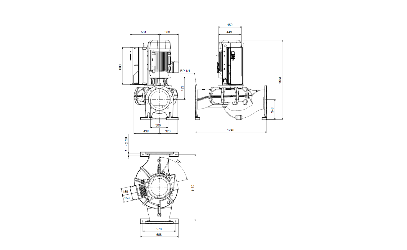 Габаритный чертёж центробежного насоса «ин-лайн» Grundfos TPE 300-250/4-SC-A-F-O-BQQE 400D 50HZ 99474678